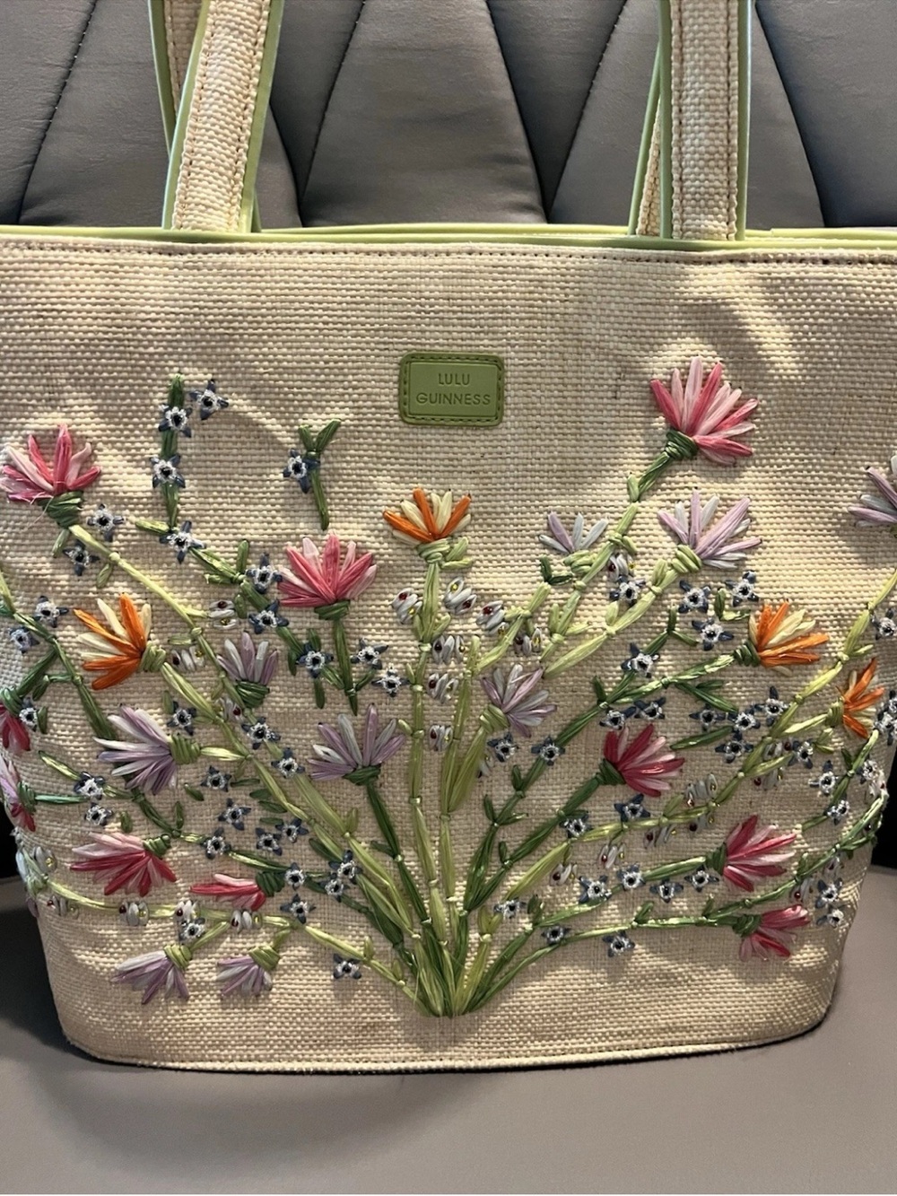 Lulu Guinness Vintage Straw Tote with Pink, Orange, Lavender Floral Embroidery - Picture 2 of 9